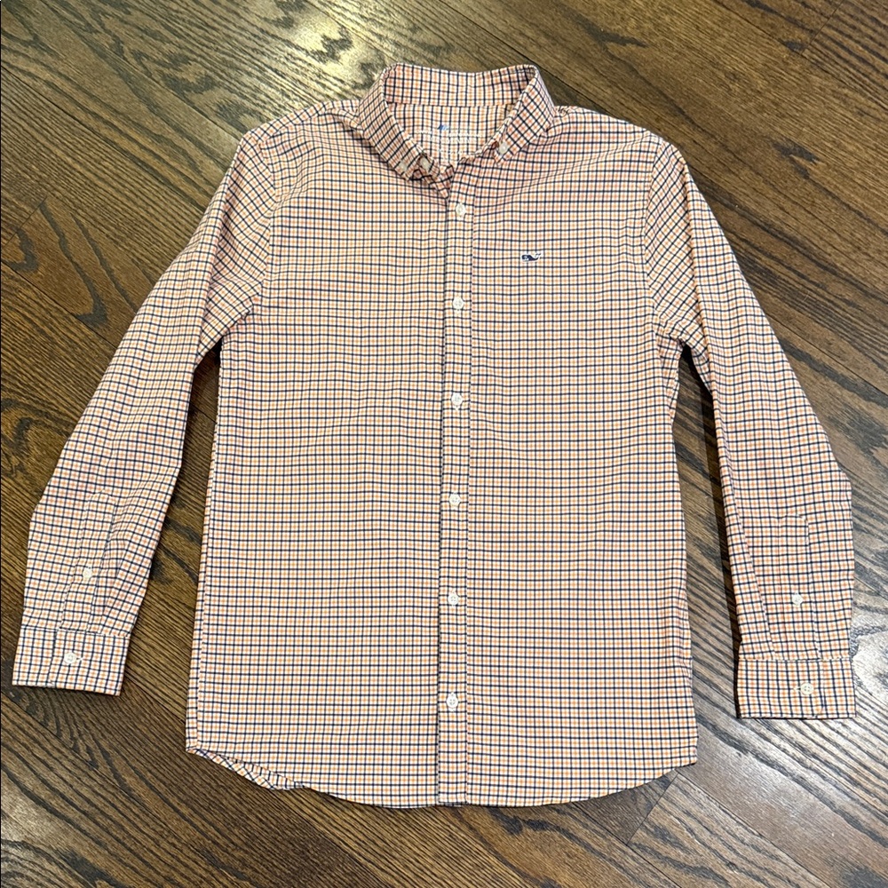 Vineyard Vines Boy’s Plaid Button Down Shirt - Orange and Navy